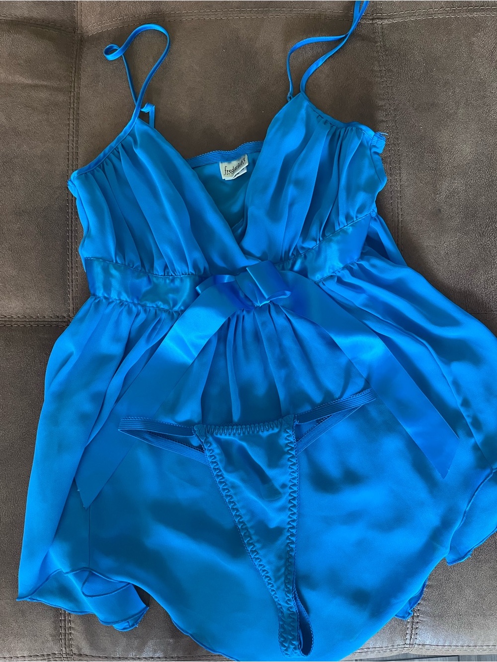 Frederick's of Hollywood Vibrant Blue Satin Chemise with Thong